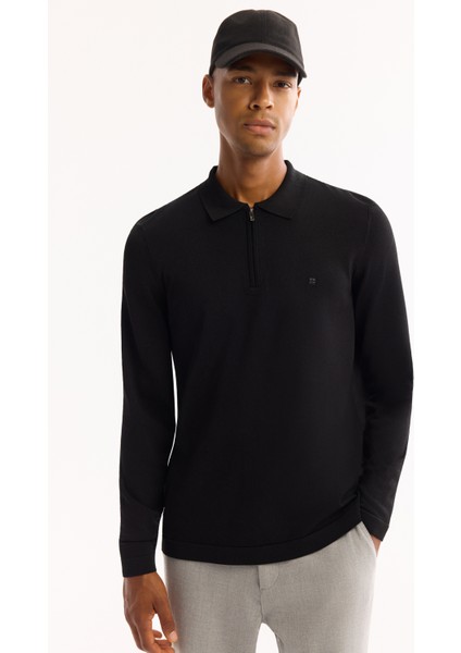 Erkek Siyah Polo Yaka Rayon Tüylenmeyen Basic Triko Regular Fit Kazak B005150