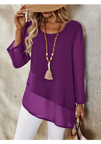 Kadın Uzun Kollu Yuvarlak Asimetrik Detaylı Şifon Bluz