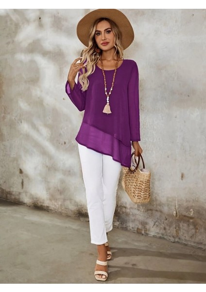 Kadın Uzun Kollu Yuvarlak Asimetrik Detaylı Şifon Bluz modelleri