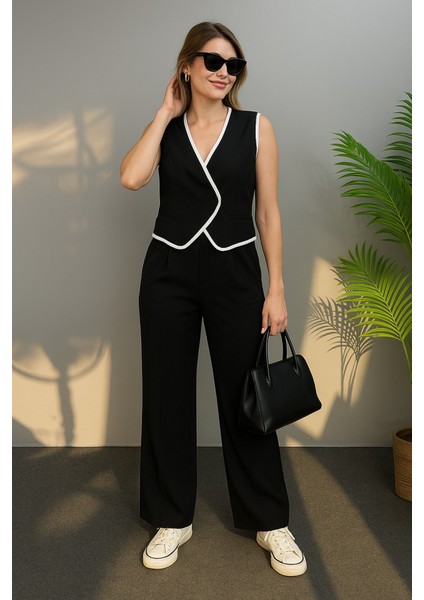 Kadın Kolsuz V Yakalı Düğmeli Ithal Krep Yelek ve Pantolon Ikili Takım