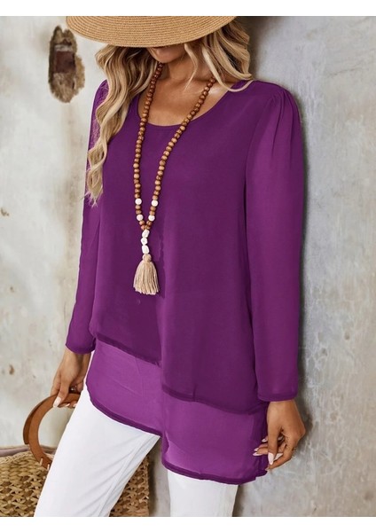 Kadın Uzun Kollu Yuvarlak Asimetrik Detaylı Şifon Bluz fırsatları
