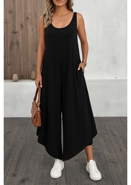 Kadın Askılı Yuvarlak Yaka Cepli Salaş Uzun Viskon Tulum