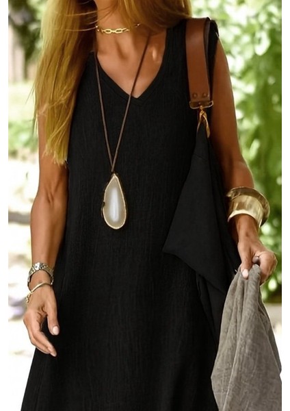 Kadın Kolsuz V Yakalı Maksi Boy Ithal Keten Elbise fiyatları