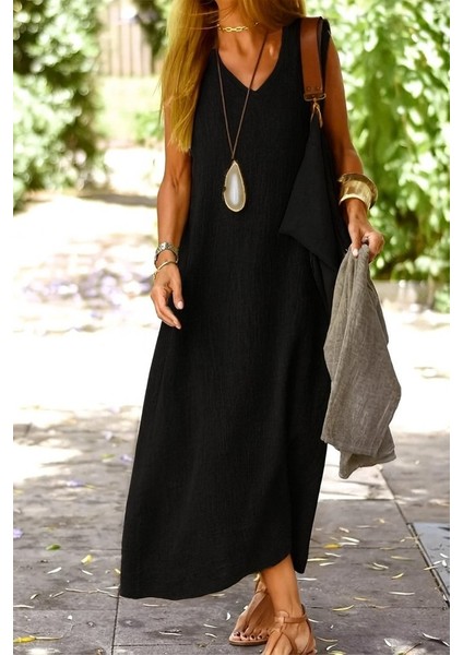 Kadın Kolsuz V Yakalı Maksi Boy Ithal Keten Elbise