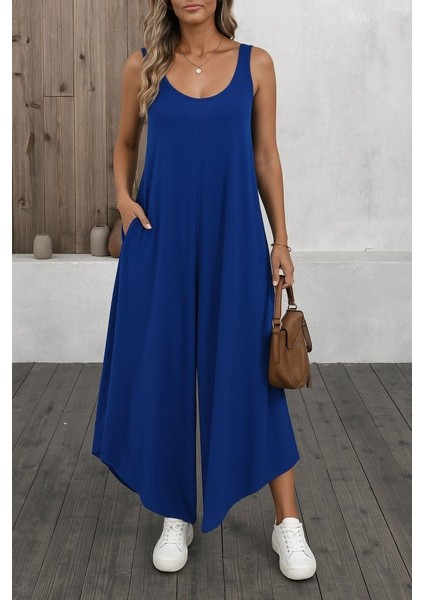 Kadın Askılı Yuvarlak Yaka Cepli Salaş Uzun Viskon Tulum