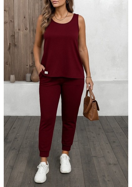 Kadın Askılı Yuvarlak Yaka Viskon Iki Iplik Bluz ve Eşofman Altı Ikili Takım