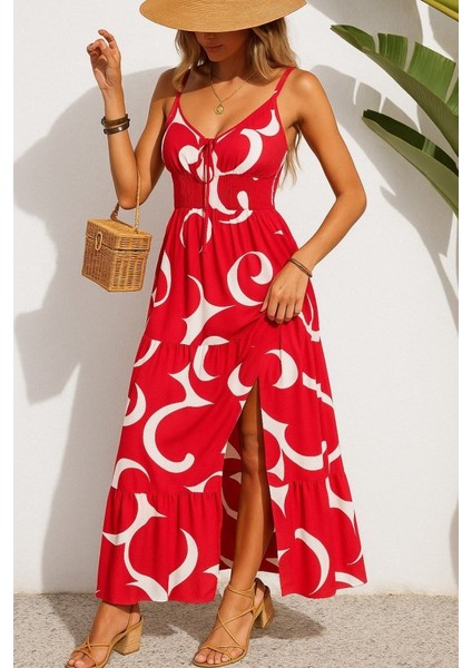 Kadın Ip Askılı Dekolteli Bağcıklı Yırtmaçlı Desenli Süprem Elbise