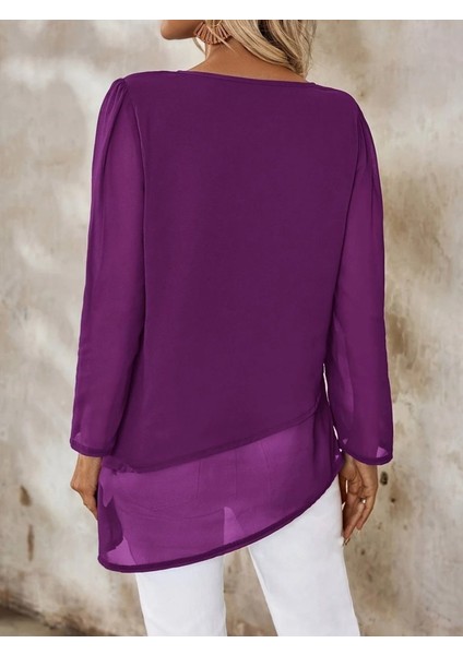 Kadın Uzun Kollu Yuvarlak Asimetrik Detaylı Şifon Bluz indirimleri