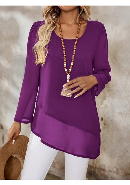 Kadın Uzun Kollu Yuvarlak Asimetrik Detaylı Şifon Bluz fiyatları