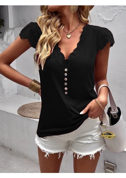 Kadın Kısa Kollu V Yakalı Önü Düğmeli Viskon Bluz fiyatları