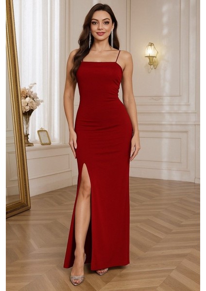 Kadın Ip Askılı Yandan Yırtmaçlı Janjan Krep Elbise