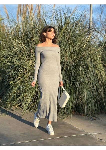 Madonna Yaka Uzun Elbise Şardonlu Kumaş Gri W3753