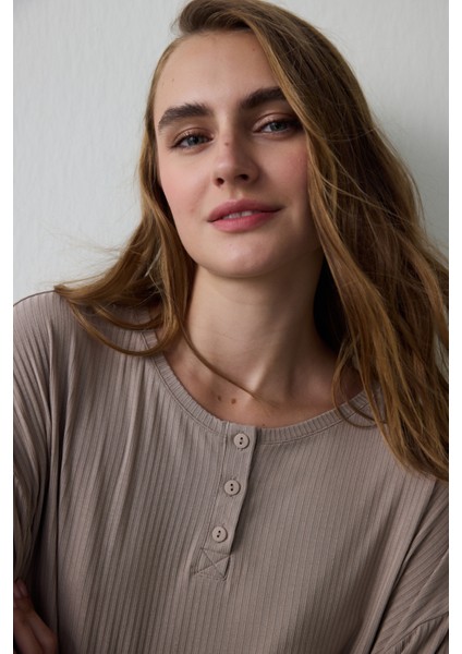 Koyu Bej Hello Friday Bisiklet Yaka Uzun Kollu Pijama Takımı modelleri