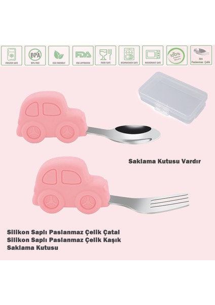 Pembe Renk Premium Çocuk Bpa Free Silikon Saplı Paslanmaz Çelik Uçlu Çatal-Kaşık, (9+ Ay)