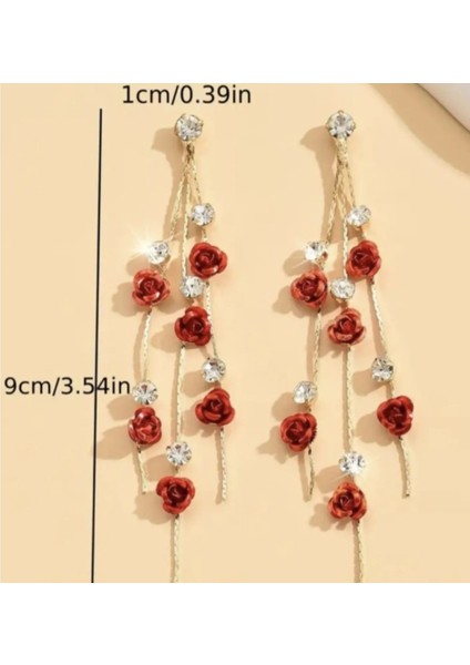 Taşlı Gold Renkli Uzun Sallantılı Modern Şık Kırmızı Gül Model Nişan Kına Düğün Abiye Küpe