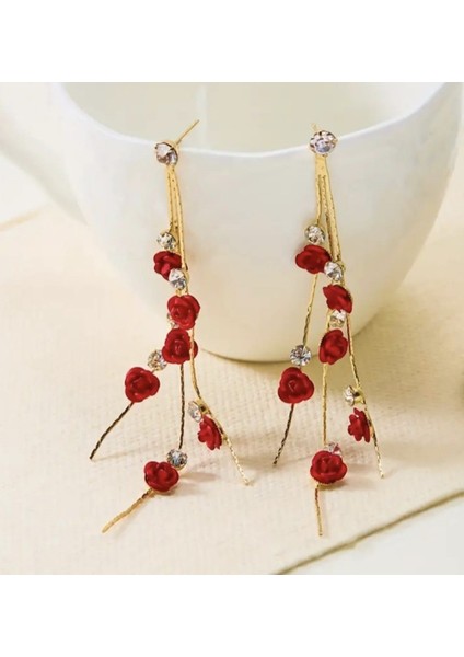 Taşlı Gold Renkli Uzun Sallantılı Modern Şık Kırmızı Gül Model Nişan Kına Düğün Abiye Küpe fiyatları