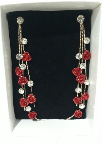 Taşlı Gold Renkli Uzun Sallantılı Modern Şık Kırmızı Gül Model Nişan Kına Düğün Abiye Küpe modelleri