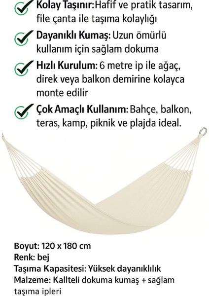 Kamp Hamak Kamp-Piknik-Bahçe-Yazlık Portatif Çift Kişilik Bağlama Ipi ve Taşıma Fileli 120 X180 cm