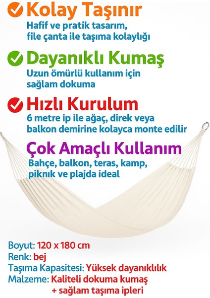 Kamp Hamak Kamp-Piknik-Bahçe-Yazlık Portatif Çift Kişilik Bağlama Ipi ve Taşıma Fileli 120 X180 cm