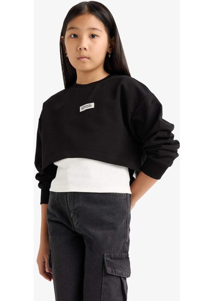 Kız Çocuk 2'li Takım Relax Fit Bisiklet Yaka Baskılı Sweatshirt Atlet F2797A825AU