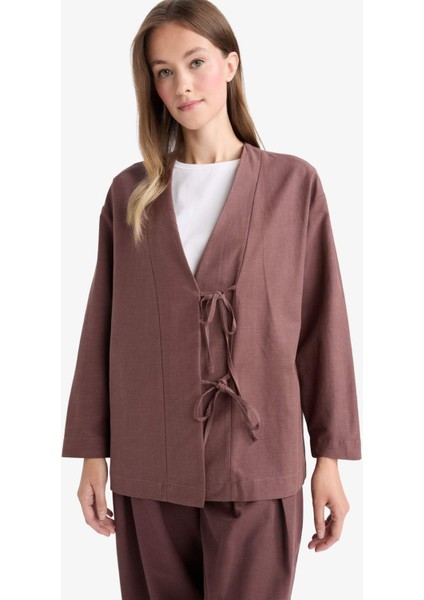 Regular Fit V Yaka Keten Karışımlı Kimono F7958AX25AU