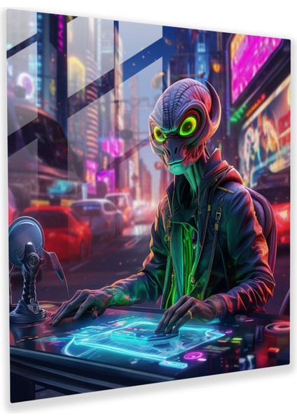 Eğlenceli Neon Uzaylı Dj Cam Tablo - Eğlenceli Uzaylı Dj Cam Sanat Duvar Dekorasyonu