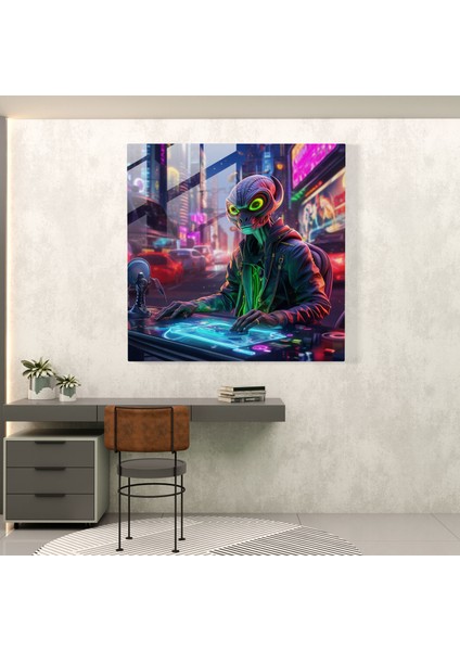 Eğlenceli Neon Uzaylı Dj Cam Tablo - Eğlenceli Uzaylı Dj Cam Sanat Duvar Dekorasyonu fiyatları