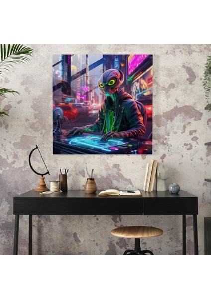 Eğlenceli Neon Uzaylı Dj Cam Tablo - Eğlenceli Uzaylı Dj Cam Sanat Duvar Dekorasyonu modelleri