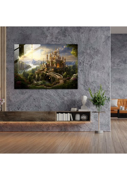 Ortaçağ Kale Cam Tablosu - Ortaçağ Bol Yeşillik Altın Detaylar Cam Sanatı fiyatları