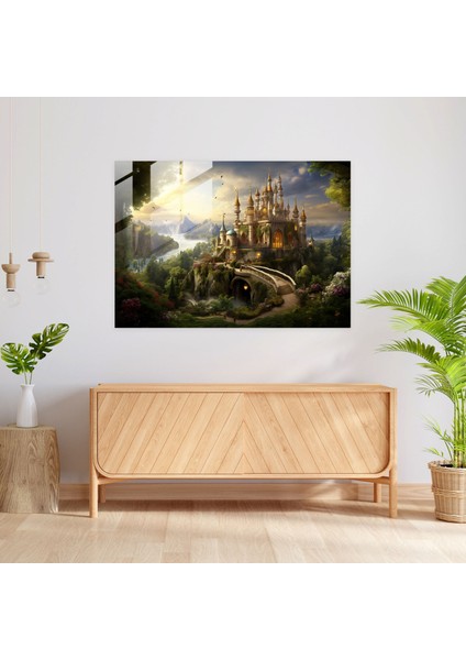 Ortaçağ Kale Cam Tablosu - Ortaçağ Bol Yeşillik Altın Detaylar Cam Sanatı modelleri