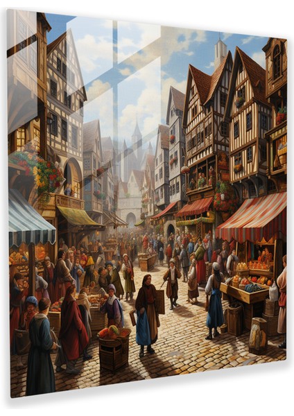 Canlı Yağlı Boya Cam Tablo - Ortaçağ Pazarı Şaşaalı Eğlencesi - Ev Dekorasyonu Cam Duvar Sanatı Duvar Dekorasyonu Cam Tablo