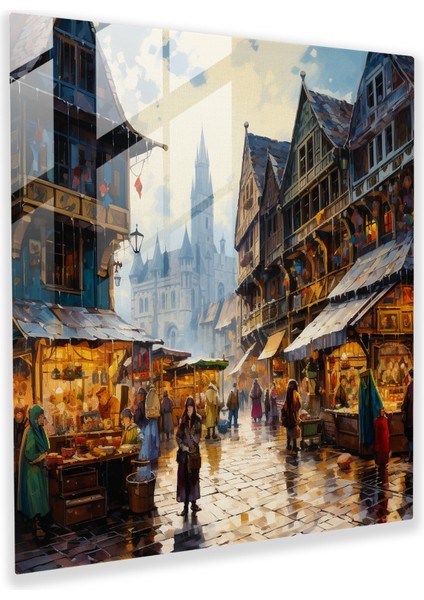 Canlı Cam Tablo - Ortaçağ Çarşı Meydanı - Duvar Dekorasyonu Cam Sanatı
