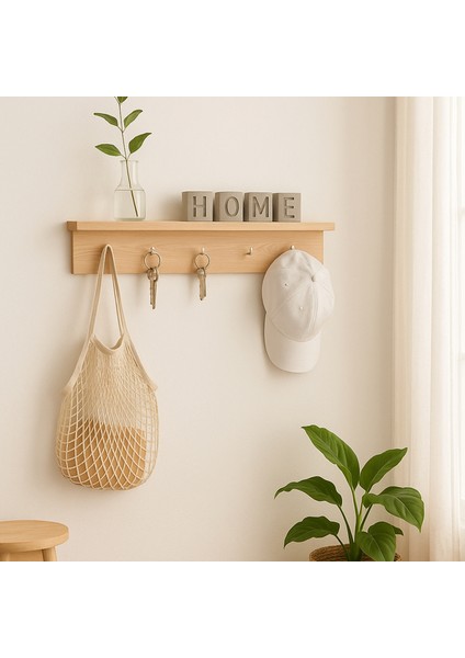 Doğal Ahşap Duvar Raf ve Askılığı 70 cm HMY-6379