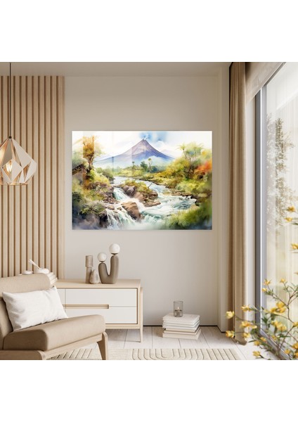 Huzur Veren Volkan Cam Tablo - Volkan Duvar Dekorasyonu Cam Tablo Bol Yeşillik fiyatları