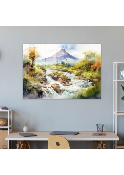 Huzur Veren Volkan Cam Tablo - Volkan Duvar Dekorasyonu Cam Tablo Bol Yeşillik modelleri