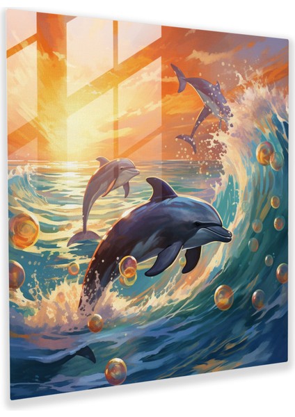 Deniz Manzaralı Cam Tablo - Keyifli Yunuslar Resmi - Deniz Manzarası Duvar Dekorasyonu Cam Tablo Cam Sanatı