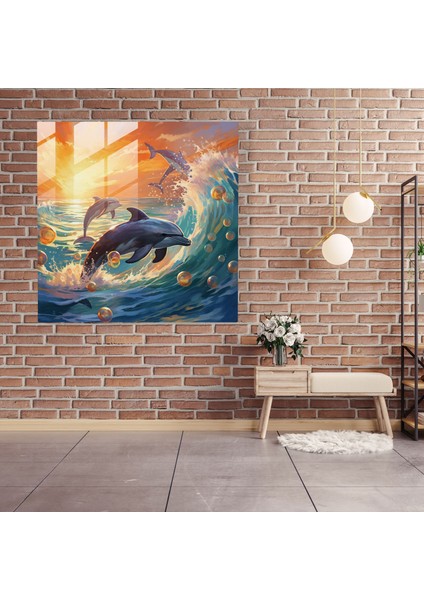 Deniz Manzaralı Cam Tablo - Keyifli Yunuslar Resmi - Deniz Manzarası Duvar Dekorasyonu Cam Tablo Cam Sanatı fiyatları