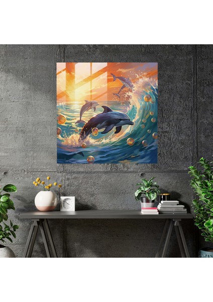 Deniz Manzaralı Cam Tablo - Keyifli Yunuslar Resmi - Deniz Manzarası Duvar Dekorasyonu Cam Tablo Cam Sanatı modelleri