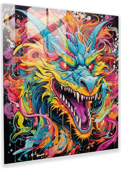 Canlı Pop Sanat Cam Tablo - Mitolojik Yaratıklarıyla Canlı Renk Patlaması - Cam Duvar Sanatı