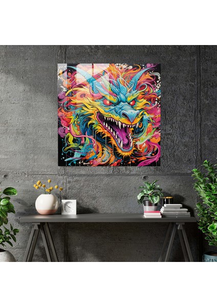 Canlı Pop Sanat Cam Tablo - Mitolojik Yaratıklarıyla Canlı Renk Patlaması - Cam Duvar Sanatı modelleri