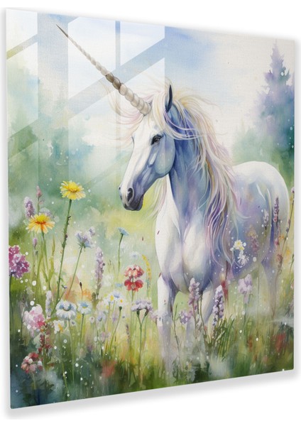 Huzurlu Cam Tablo - Suya Boyanmış Unicorn Tablosu - Unicorn Cam Tablo Suya Boyanmış Tablo Hafif Nüanslar