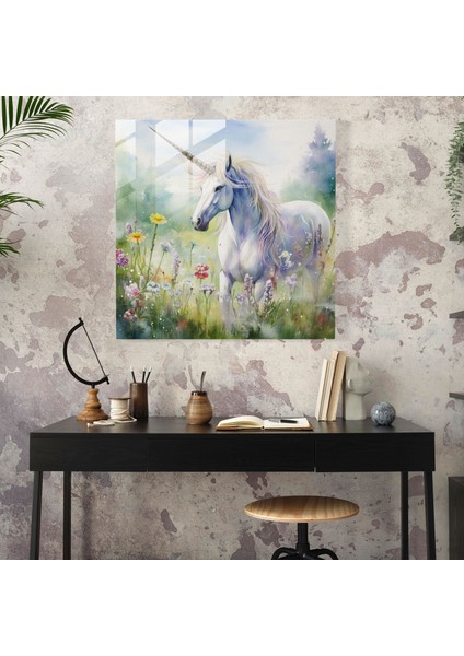 Huzurlu Cam Tablo - Suya Boyanmış Unicorn Tablosu - Unicorn Cam Tablo Suya Boyanmış Tablo Hafif Nüanslar fiyatları