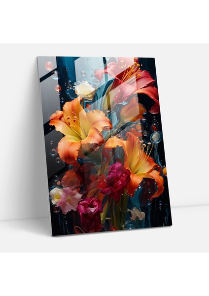 Akan Çiçekler Cam Tablo - Ev Dekorasyonu Cam Sanat Duvar Dekorasyonu
