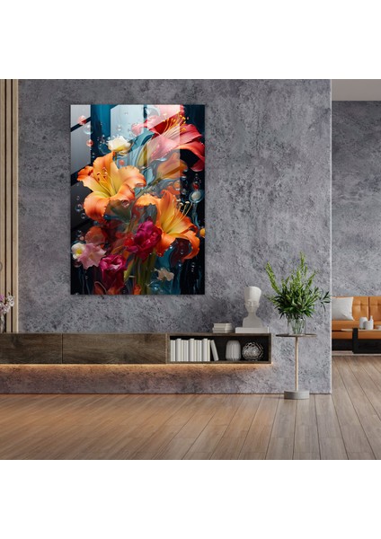 Akan Çiçekler Cam Tablo - Ev Dekorasyonu Cam Sanat Duvar Dekorasyonu modelleri