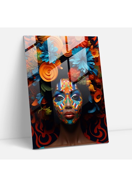 Soyut Afro Cam Tablo - Afro Canlı Renkler Cam Tablo Soyut