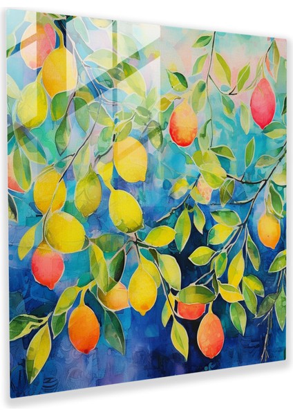 Limona Ağacı Soyut Cam Tablo - Limon Ağacı Modern Sanat Renkli Meyveler