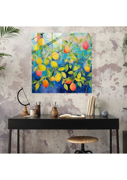 Limona Ağacı Soyut Cam Tablo - Limon Ağacı Modern Sanat Renkli Meyveler modelleri