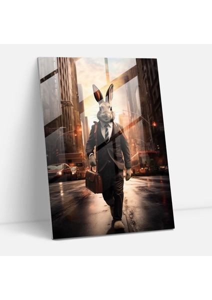 Hayvanlar Insan Kıyafetleri Giymiş Duvar Dekorasyonu - Tavşan Iş Kıyafetiyle Yoğun Şehir Sokaklarında Dosya Çantası Tutan Kanvas Tablo