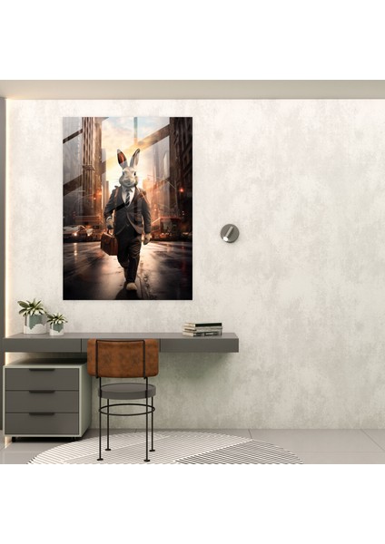 Hayvanlar Insan Kıyafetleri Giymiş Duvar Dekorasyonu - Tavşan Iş Kıyafetiyle Yoğun Şehir Sokaklarında Dosya Çantası Tutan Kanvas Tablo fiyatları