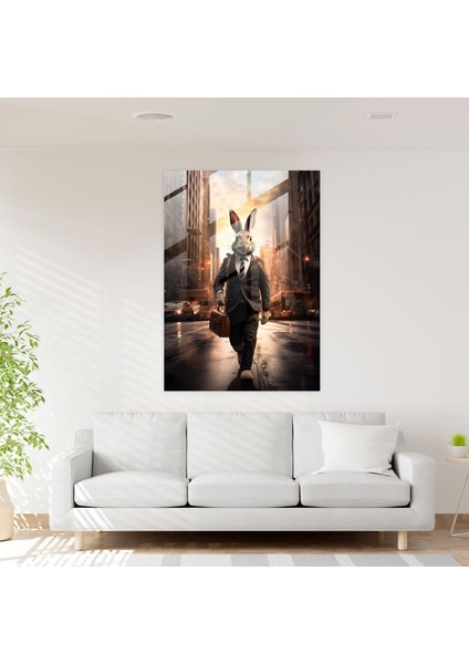 Hayvanlar Insan Kıyafetleri Giymiş Duvar Dekorasyonu - Tavşan Iş Kıyafetiyle Yoğun Şehir Sokaklarında Dosya Çantası Tutan Kanvas Tablo modelleri
